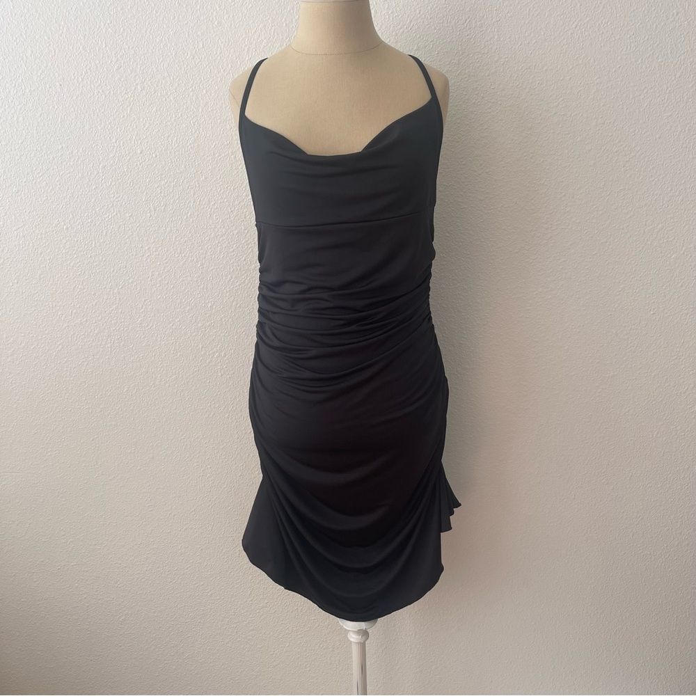 PrettyLittleThing Size 12 Black Mini Dress Rouched Flattering Feminine